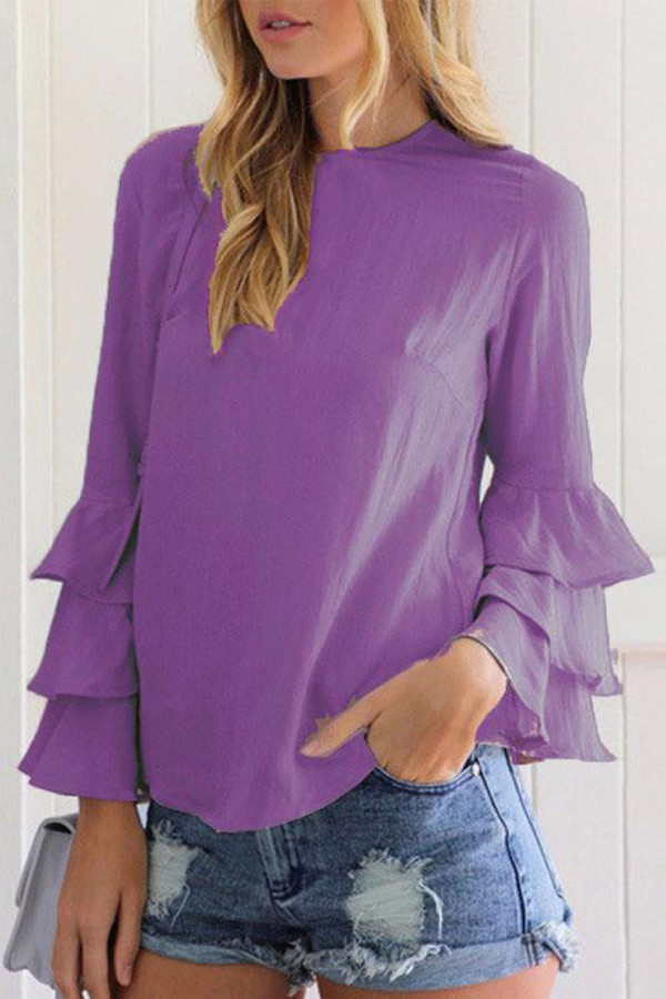 Purple Casual Solid Flounce O Neck Tops