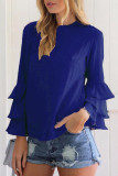 Pink Casual Solid Flounce O Neck Tops