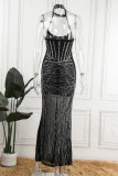 Schwarzes reizvolles Patchwork-heißes Bohren ausgehöhlte rückenfreie Halter-lange Kleid-Kleider