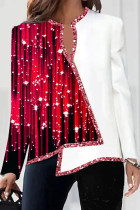 Blusas de patchwork com estampa casual vermelha pálida decote em V