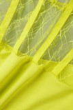 Amarillo sexy sólido patchwork transparente taladro caliente cuello en V manga larga dos piezas
