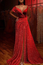 Vestido de noite vermelho sexy formal sólido patchwork com decote em V