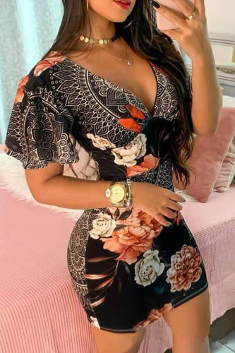 Black Orange Casual Print Basic V Neck Short Sleeve Dress