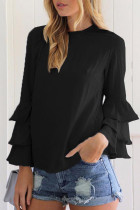 Black Casual Solid Flounce O Neck Tops