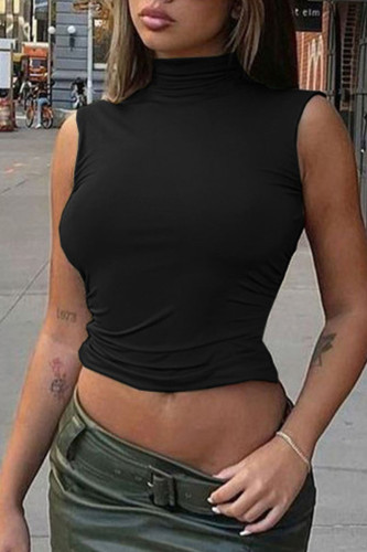 Black Casual Solid Patchwork Turtleneck T-Shirts