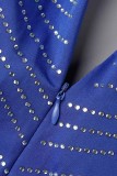 Azul Sexy Patchwork Perforación en caliente Ahuecado Medio cuello alto Vestidos de manga larga