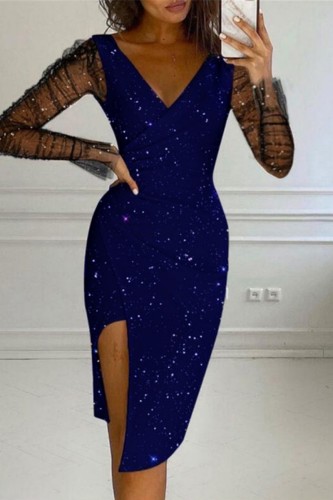 Deep Blue Sexy Patchwork Sequins See-through V Neck Long Sleeve Dresses