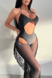 Black Sexy Solid Tassel Hollowed Out Sequins See-through Backless Swimwears (With Paddings)