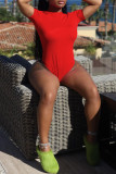 Rose Red Sexy Solid Backless Short Sleeve Swimwears (Without Paddings)