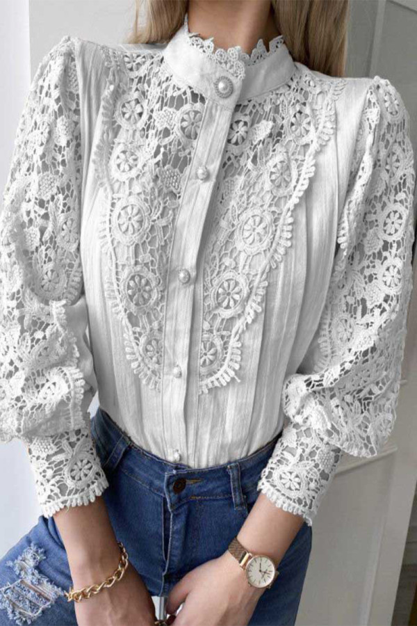 White Elegant Solid Lace Mandarin Collar Tops