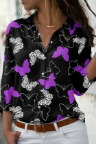 Púrpura Casual Estampado De Mariposa Básico Camisa Cuello Tops