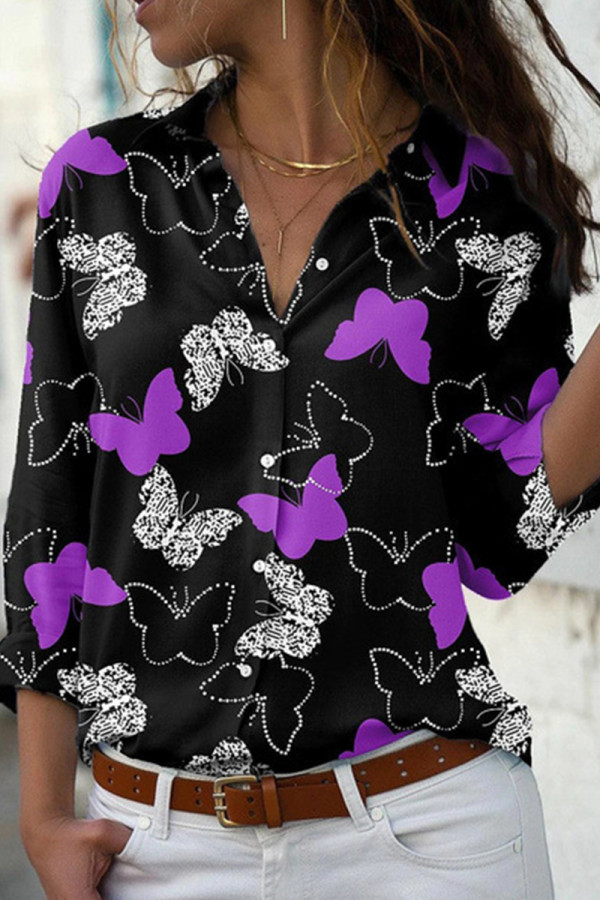 Пурпурные повседневные базовые топы с принтом бабочки и рубашечным воротником