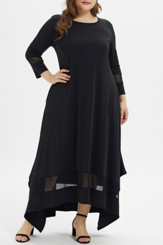 Black Casual Solid Patchwork Asymmetrical O Neck Long Sleeve Plus Size Dresses