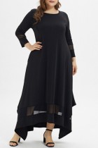 Vestidos pretos casuais sólidos patchwork assimétrico com decote em O manga comprida vestidos tamanho grande