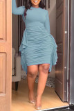 ロイヤル ブルー エレガント ソリッド パッチワーク フラウンス フォールド 非対称 O ネック ペンシル スカート プラス サイズ ドレス