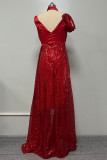 Red Sexy Formal Solid Patchwork Slit V Neck Evening Dress Dresses