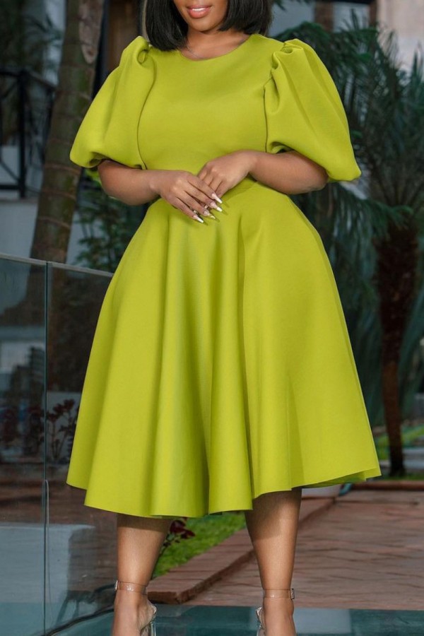 Groen Geel Casual Effen Basic O-hals A-lijn jurken