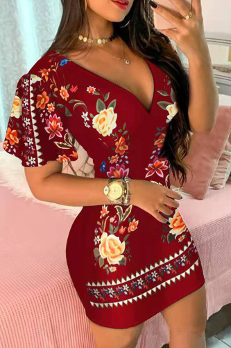 Red Casual Print Basic V Neck Short Sleeve Dress