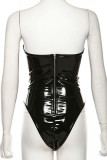 Black Sexy Street Solid Patchwork Zipper Strapless Skinny Bodysuits