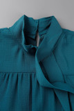 Blue Elegant Solid Frenulum Buttons Solid Color O Neck Tops