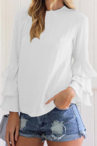 White Casual Solid Flounce O Neck Tops