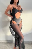 Black Sexy Solid Tassel Hollowed Out Sequins See-through Backless Swimwears (With Paddings)