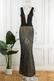 Черное сексуальное лоскутное горячее сверление Прозрачное длинное платье с открытой спиной и V-образным вырезом Платья