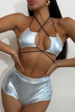 White Sexy Solid Bandage Patchwork Backless Swimwears