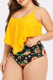 Yellow Sexy Print Patchwork Backless Spaghetti Strap Plus Size Swimwear