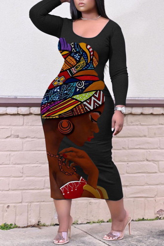Black Casual Print Patchwork O Neck Straight Dresses