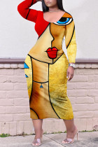 Vestidos rectos con cuello en O de patchwork con estampado casual amarillo oscuro