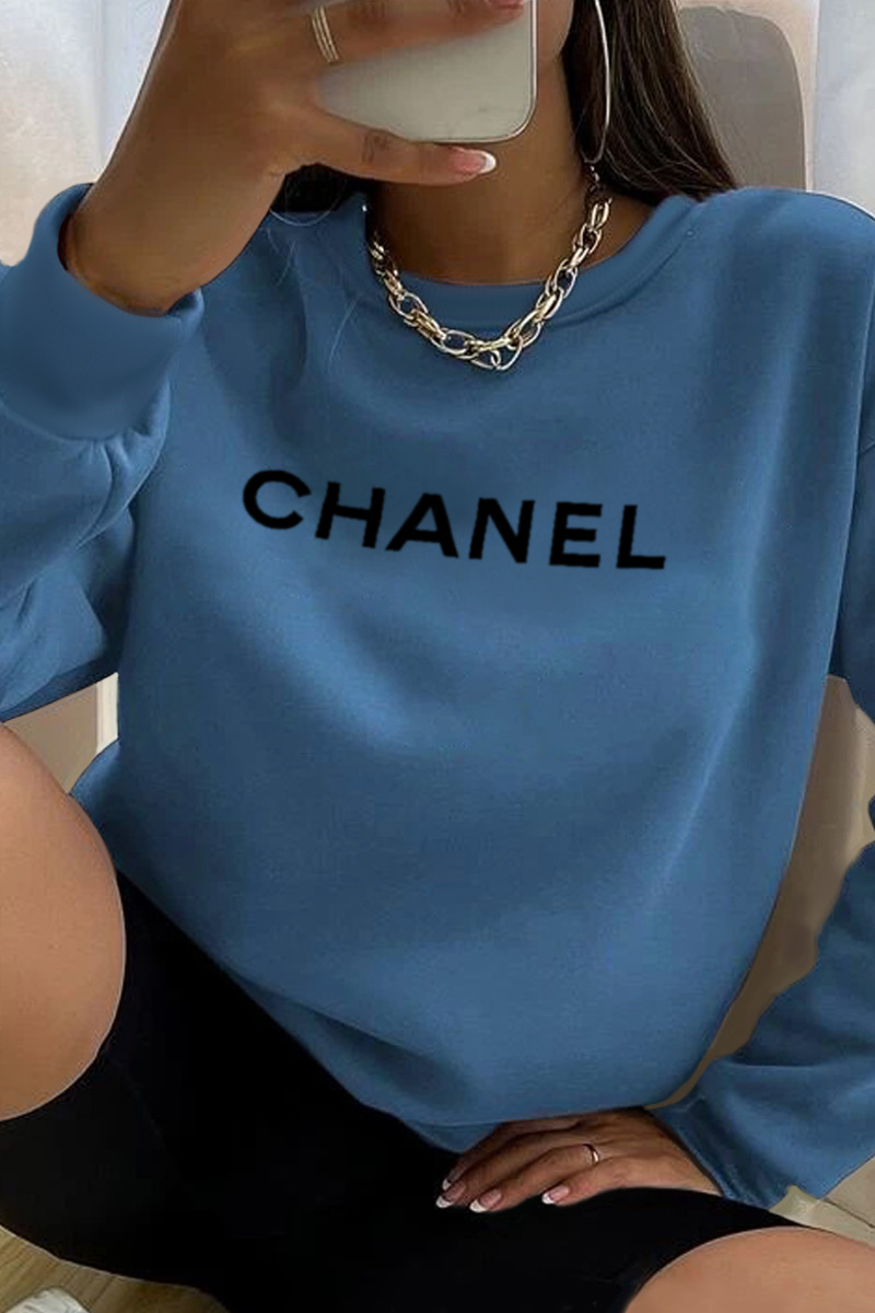 

Blue Casual Street Print Patchwork Letter O Neck Tops
