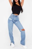 Grijze casual gescheurde rechte hoge taille rechte effen kleur jeans