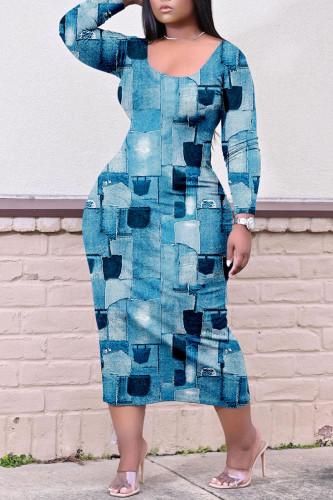 Blue Casual Print Patchwork O Neck Straight Dresses
