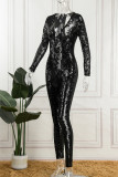 Macacão skinny preto sexy patchwork vazado de lantejoulas transparentes com decote em V