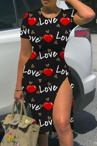 Black Casual Print Slit O Neck Short Sleeve Dress