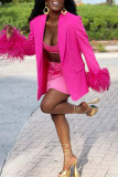 Розово-красная повседневная сплошная пуговица в стиле пэчворк с перьями и отложным воротником Верхняя одежда