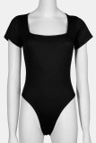 Black Casual Solid Basic Square Collar Skinny Bodysuits