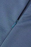 Blauer, lässiger, fester Patchwork-O-Ausschnitt mit langen Ärmeln, zweiteilig