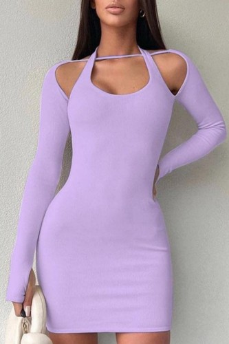 Purple Sexy Casual Solid Hollowed Out Halter Long Sleeve Dresses