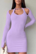 Фиолетовые сексуальные повседневные сплошные выдолбленные платья с длинным рукавом и лямкой на шее