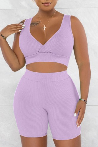 Light Purple Casual Solid Basic V Neck Sleeveless Two Pieces