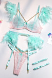 Pink Green Sexy Solid Patchwork See-through Feathers Chains Valentines Day Lingerie