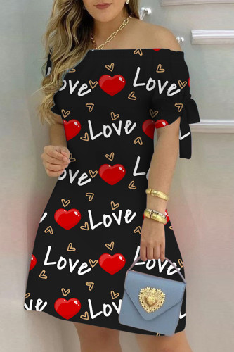 Black Casual Print Frenulum Off the Shoulder Short Sleeve Dress