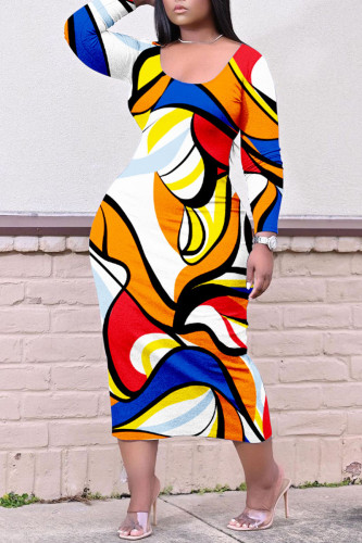 Orange Blue Casual Print Patchwork O Neck Straight Dresses