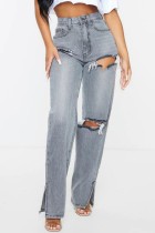 Grey Casual Straight High Waist Straight Solid Color Jeans Ripped Denim Pants