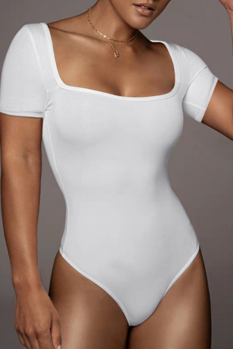 

White Casual Solid Basic Square Collar Skinny Jumpsuits