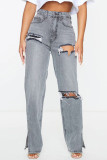 Jeans preto casual rasgado reto cintura alta liso cor sólida