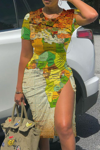 Green Casual Print Slit O Neck Short Sleeve Dress