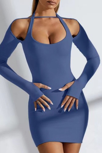 Royal Blue Sexy Casual Solid Hollowed Out Halter Long Sleeve Dresses